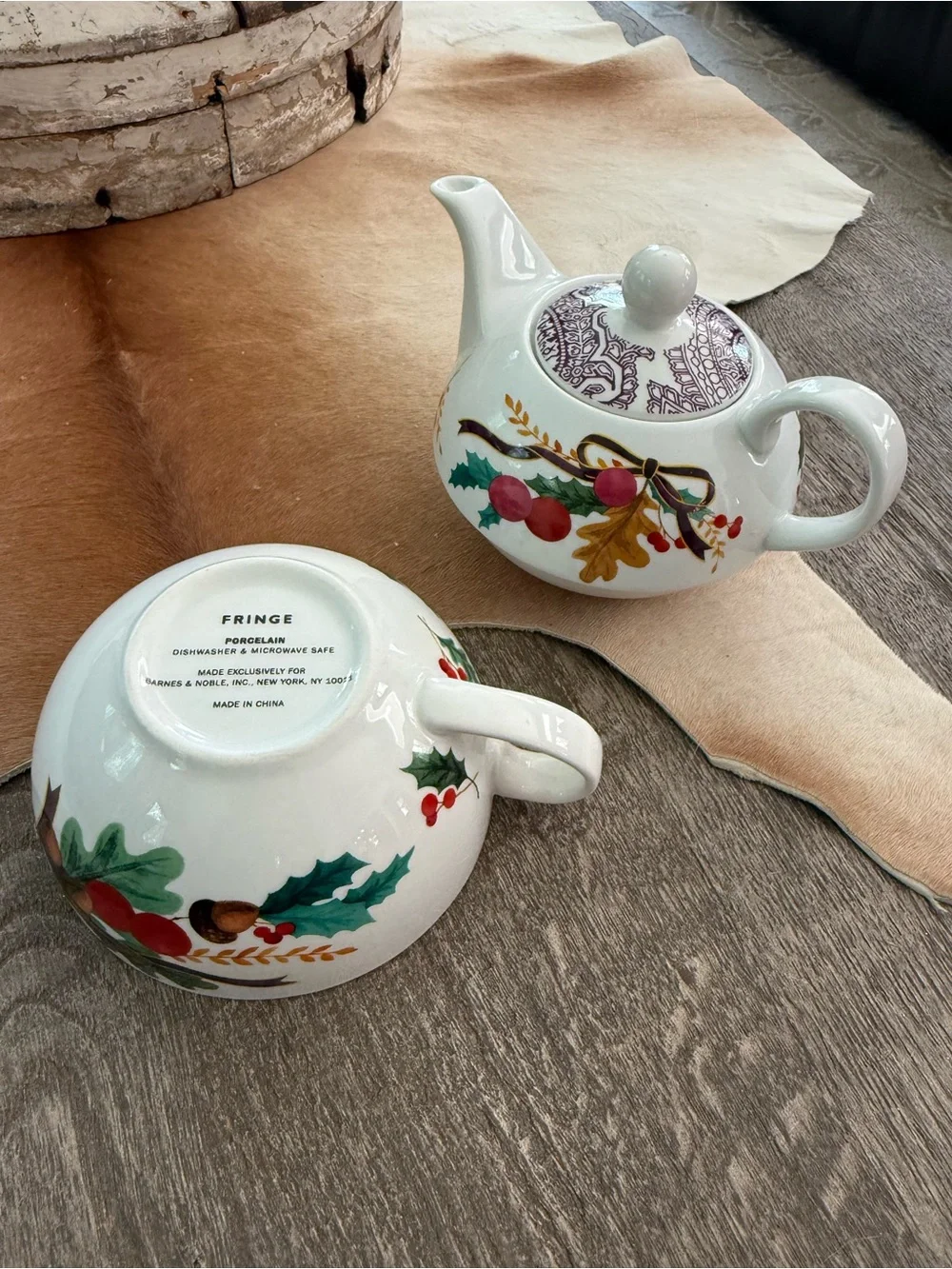 Fringe Studio White Porcelain Teapot Cup Saucer with Red Berries and Green Holly